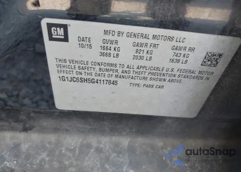 2016 Chevrolet Sonic Lt Auto z USA, uszkodzony, nr VIN 1G1JC6SH5G4117845